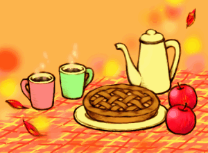 秋の庭のテーブルには焼きたてのアップルパイとコーヒーポット、おそろいのマグカップがあり、あらら、リンゴがころころ…
